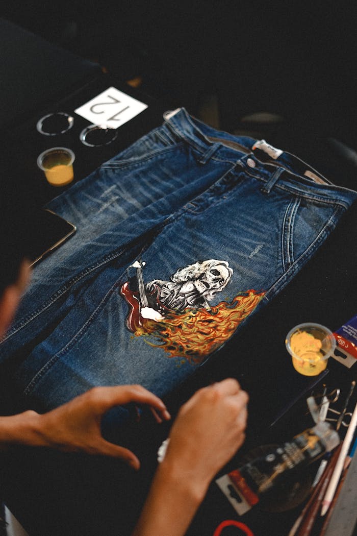 Custom artwork on denim jeans featuring a skeleton with a guitar and flames.