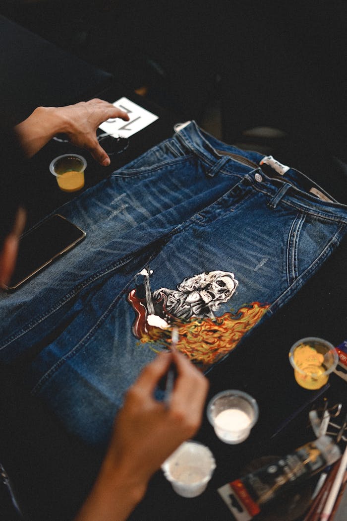 Creative hand-painted design on blue jeans featuring flames and astronaut art.